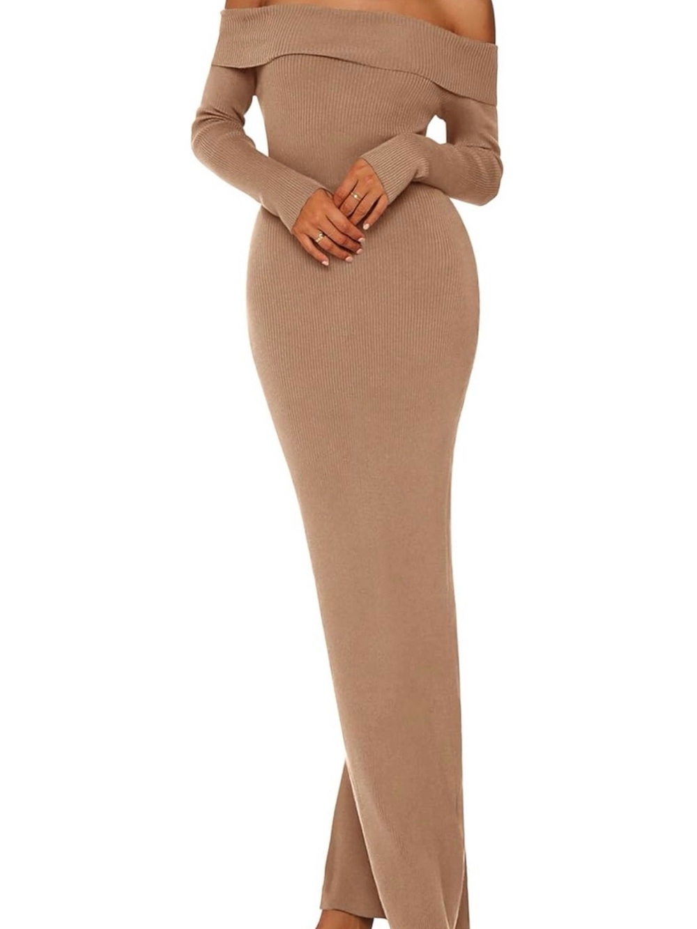 Off-Shoulder Long sleeve Ribbed Maxi Dress in Tan party casual trendy work 1229